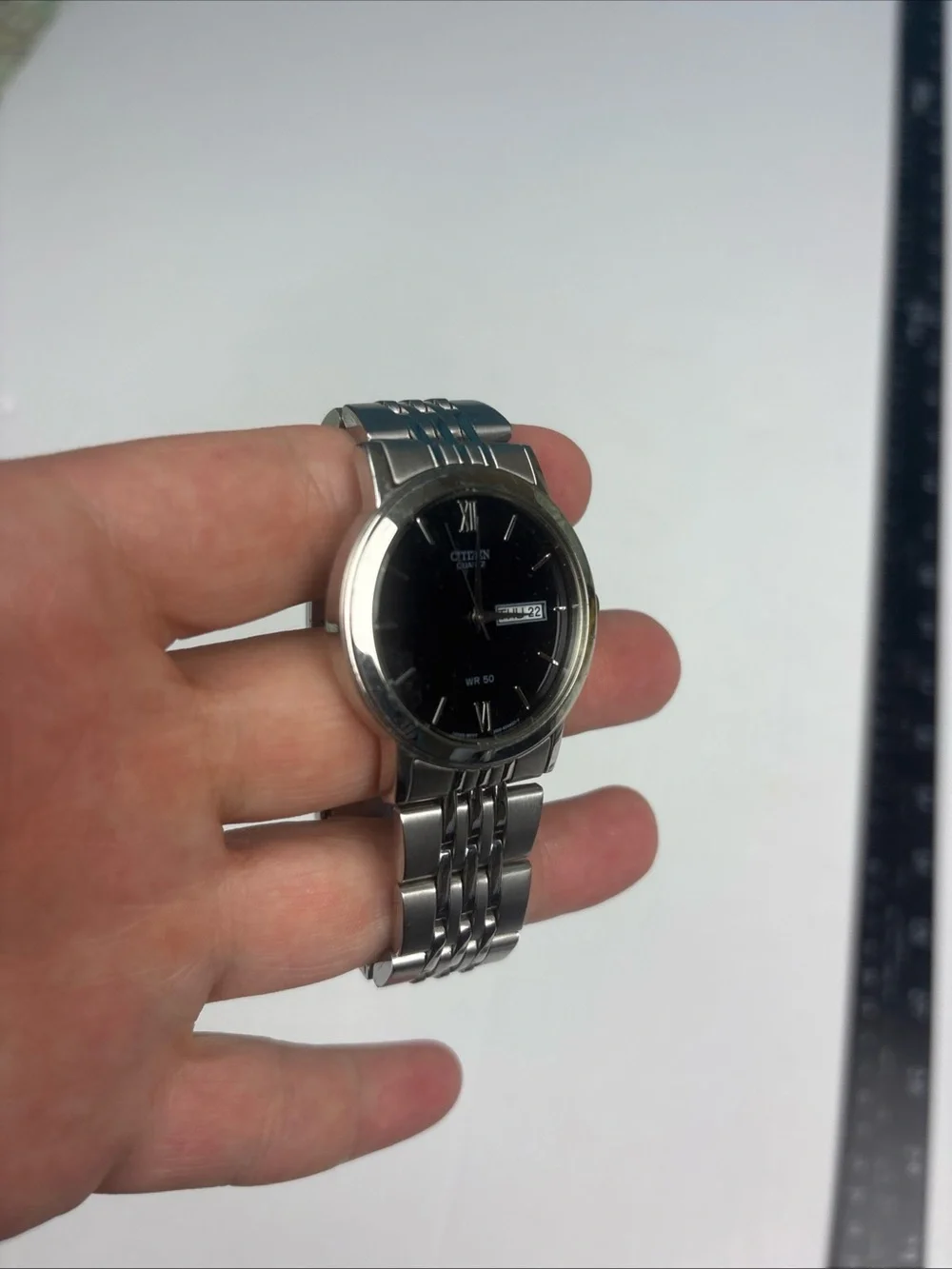Citizen Quartz Day Date WR 50 Men Watch Stainless Steel Black Dial 2500-S029198